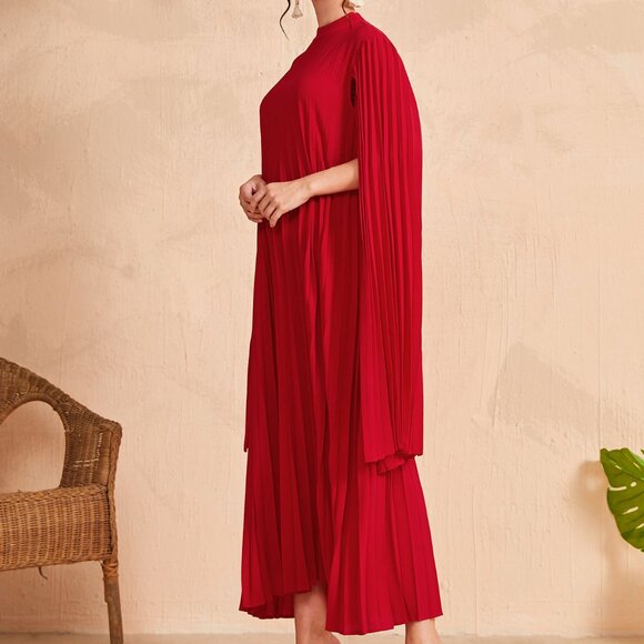 Red Party Women's Stand Collar Cloak Sleeve Dress - Picture 3 of 6